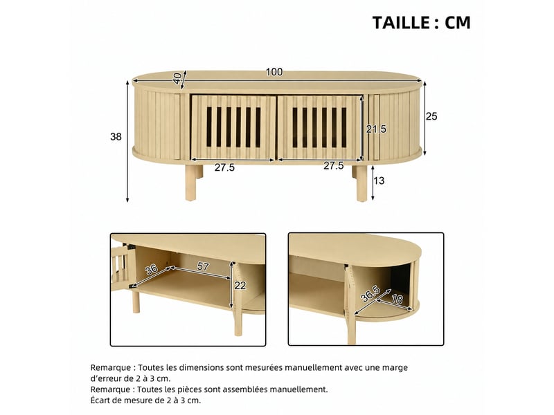  Table basse ovale en bois clair, rangement avec portes à persiennes, 100x40x38 cm  - Conforama C