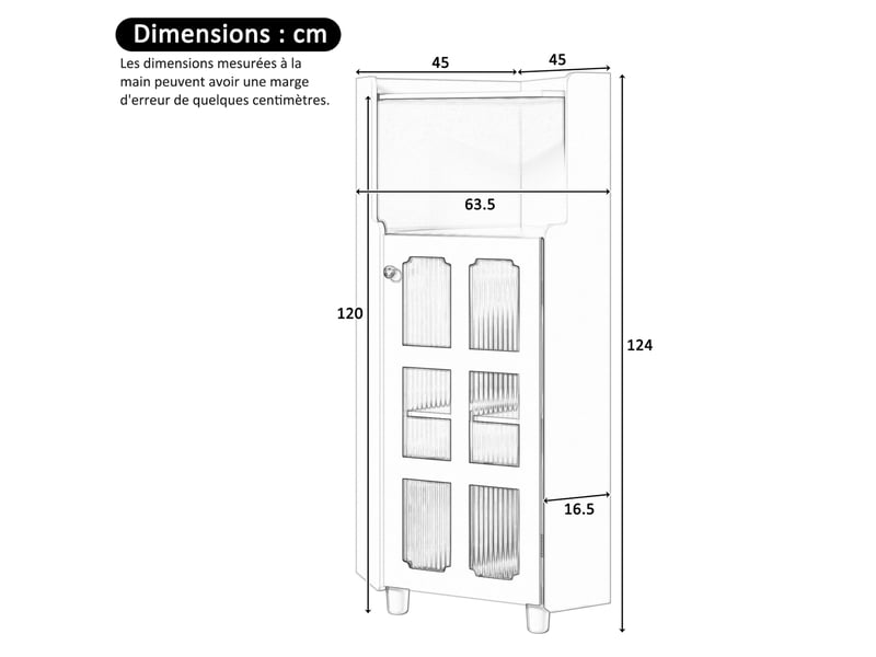  Armoire d'angle 63,5x45x124 cm, gain de place, éclairage led, pour salon, bibliothèque, salle de bains, mdf blanc  - Conforama C