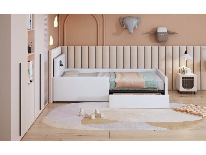  Lit enfant 90x200 cm blanc simili cuir avec sommier à lattes tiroir de rangement veilleuse et port usb intégrés Sol Morn - Conforama B