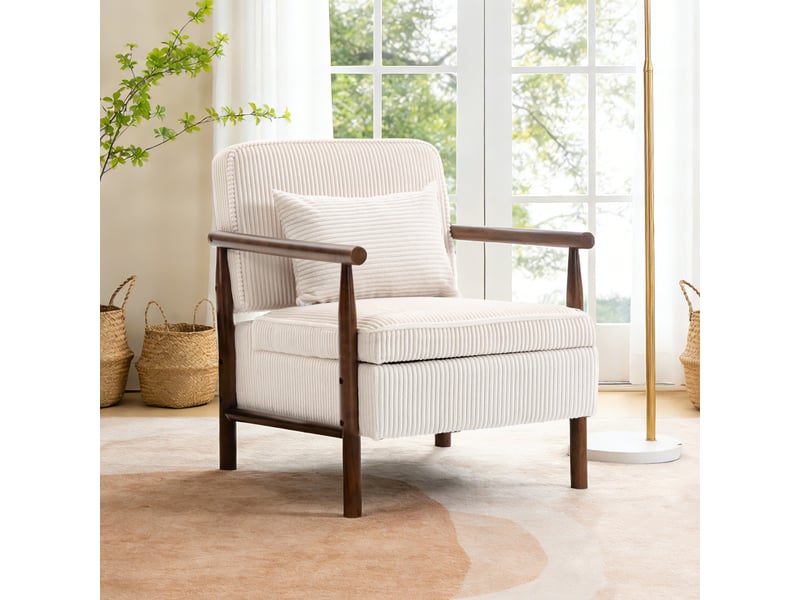  Fauteuil de salon moderne 80x61x72cm - coffre de rangement intégré, coussin lombaire amovible et structure en bois massif - velours côtelé - blanc  - Conforama E