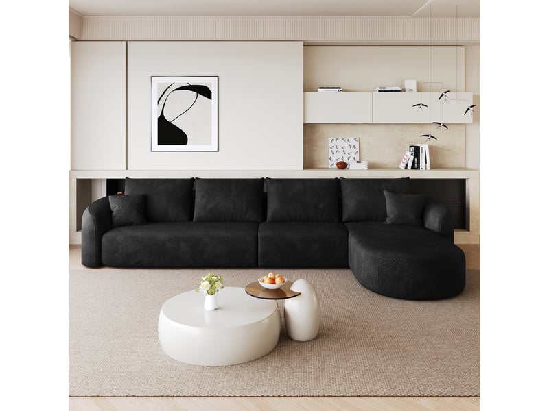 Canapé d’angle droit en l 5 places 336x168x85 cm, modulable sans structure en mousse compressée, sans montage, salon chambre, chenille, noir Sol Morn - Conforama B