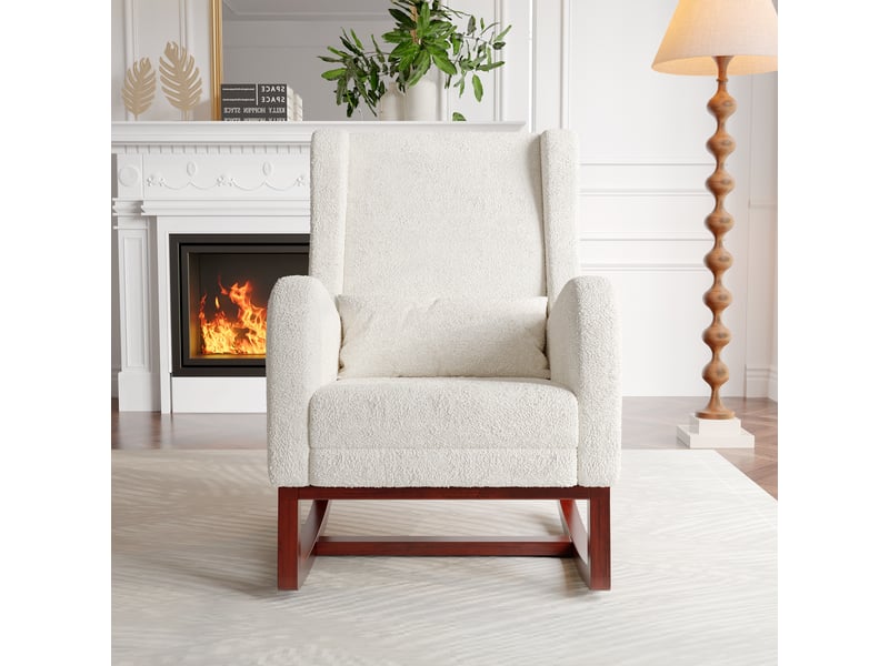  Fauteuil à bascule - 67 x 98 x 99 cm - blanc - en tissu bouclette - chaise à bascule avec repose-pieds et pieds en bois  - Conforama C