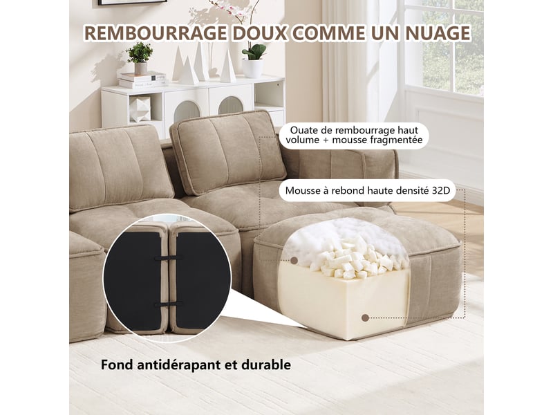  Canapé 4 places, revêtement en tissu, sans assemblage, tons naturels  - Conforama E