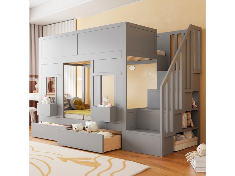  Lit mezzanine - lit enfant 90x200 cm avec escalier rangement et 2 tiroirs, bois gris, sans matelas  - Conforama B