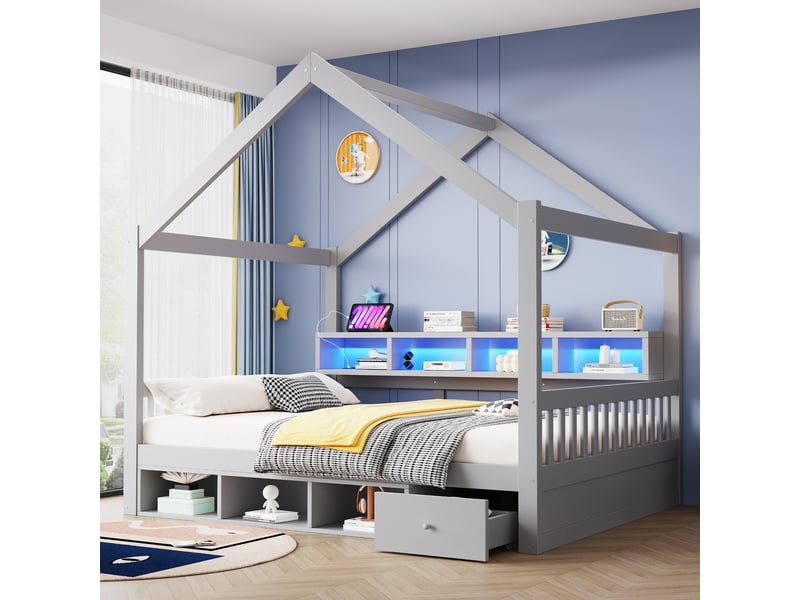  Lit cabane 140 x 200 cm avec led et prises, lit double en bois gris avec étagères et tiroirs de rangement, garde-corps et sommier à lattes  - Conforama C