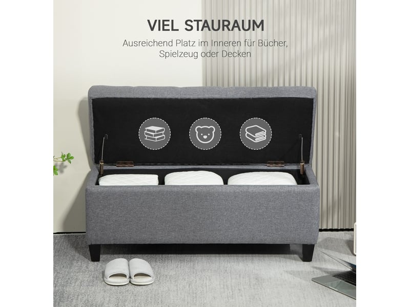  Banc coffre rembourré 100 x 40 x 44 cm gris clair, polyester aspect lin, assise relevable et rangement intérieur  - Conforama E