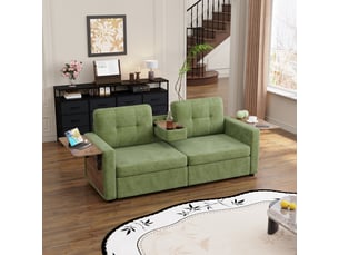 Canapé 2 places 178 x 71 x 57,5 cm, assise réglable, 2 rangements, tablette rabattable pour ordinateur, porte-gobelets, chenille, vert