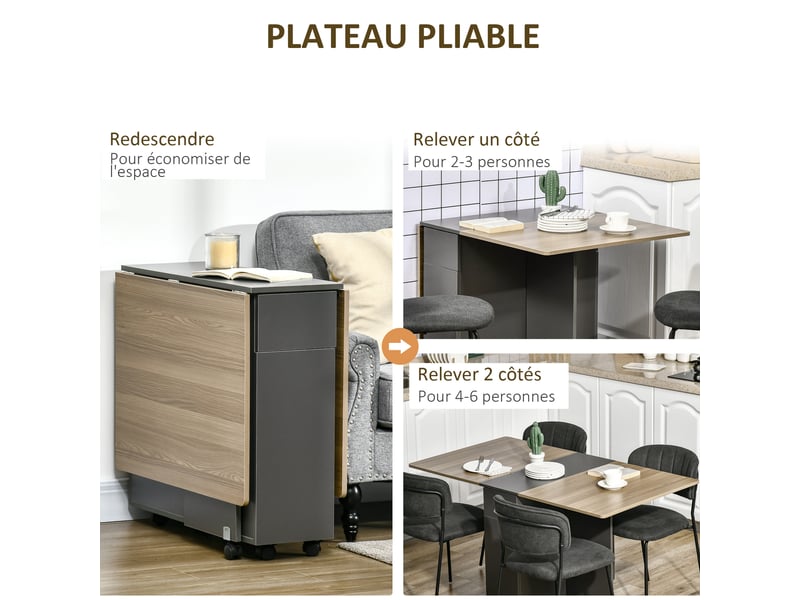  Table de salle à manger pliante sur roulettes avec rangement 1 placard et 2 tiroirs 76 x 140 x 74 cm  - Conforama E