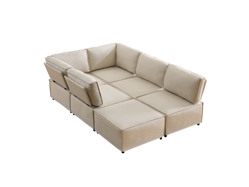 Canapé modulable d'angle beige tissu lin, structure bois et mousse ressorts, design contemporain élégant pour salon spacieux - Conforama W