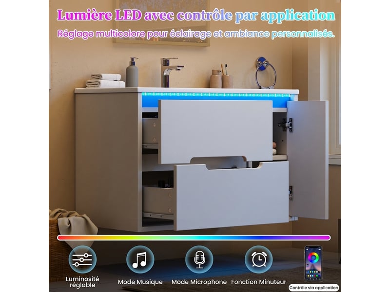 Meuble salle de bain suspendu 81 cm blanc avec vasque en céramique et éclairage led - Conforama E