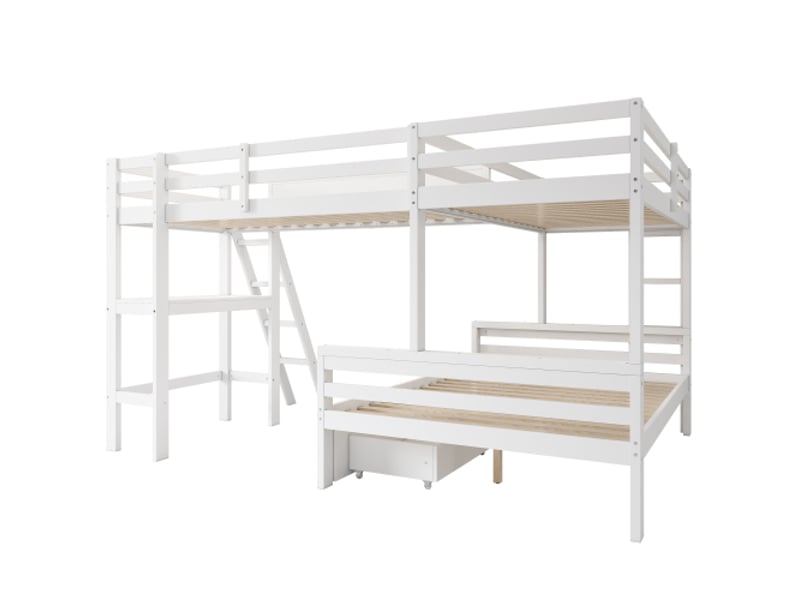  Lit superposé 140x200 cm et 2x90x200 cm, avec bureau intégré et tiroirs, en bois, blanc et chêne, sans matelas  - Conforama E