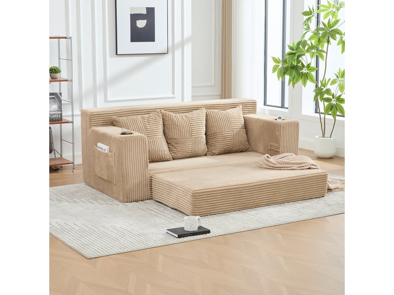  Canapé 3 places - 172x87x64cm - canapé droit convertible velours côtelé, 2 porte-gobelets, poches, mousse mémoire 250kg - khaki  - Conforama B