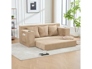Canapé 3 places - 172x87x64cm - canapé droit convertible velours côtelé, 2 porte-gobelets, poches, mousse mémoire 250kg - khaki