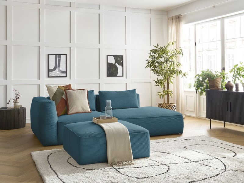  Bobochic canapé droit fixe 3 places leopold velours côtelé avec pouf bleu clair  accoudoir gauche LEOPOLD - Conforama B