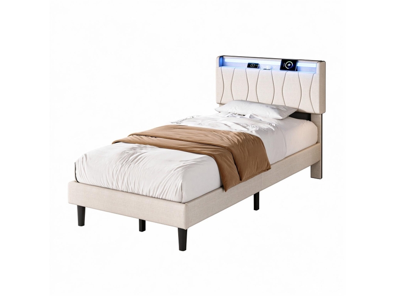  Lit enfant 90x200 cm, lit 1 place avec tête de lit, led, rangement et sommier, port usb et usb-c, lin, beige, sans matelas  - Conforama A