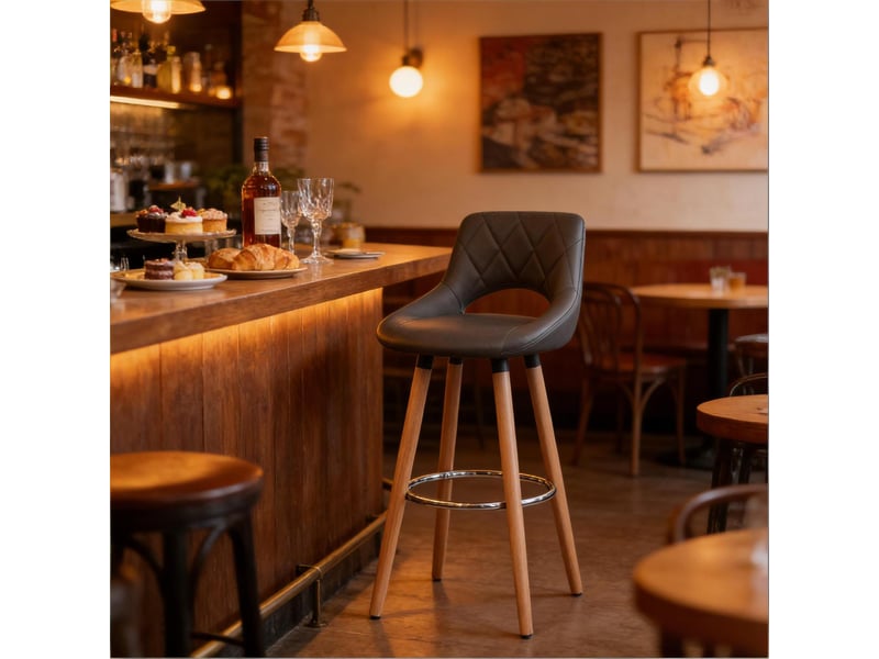  Tabouret de bar ergonomique 43x40x96cm - assise rembourrée en tissu effet cuir - pieds en bois massif avec repose-pieds - gris  - Conforama E
