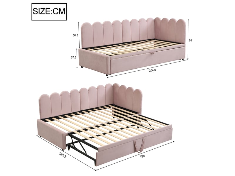  Lit gigogne en l 90x200 cm, gain d'espace, pour chambre, lit enfant, sommier, tête de lit, finition velours rose, sans matelas  - Conforama C