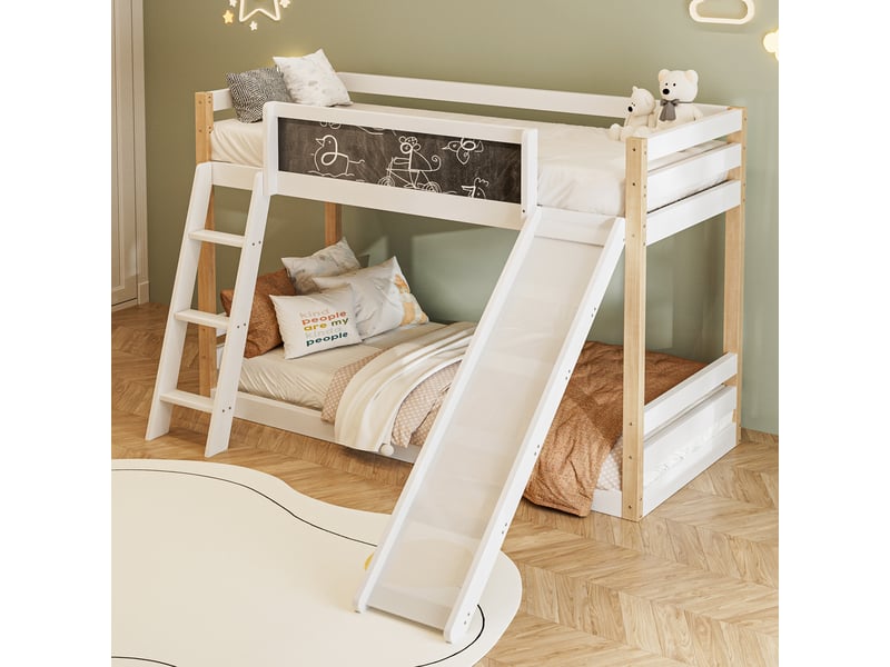  Lit superposé enfant 90 × 200 cm et 90 × 190 cm 2 places avec toboggan, escalier et tableau, sans matelas, blanc  - Conforama B
