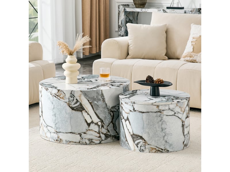  Lot de 2 tables basses rondes gigognes avec rangement, mdf blanc, couvercle amovible, diamètres de 62,8 cm et 44 cm.  - Conforama E