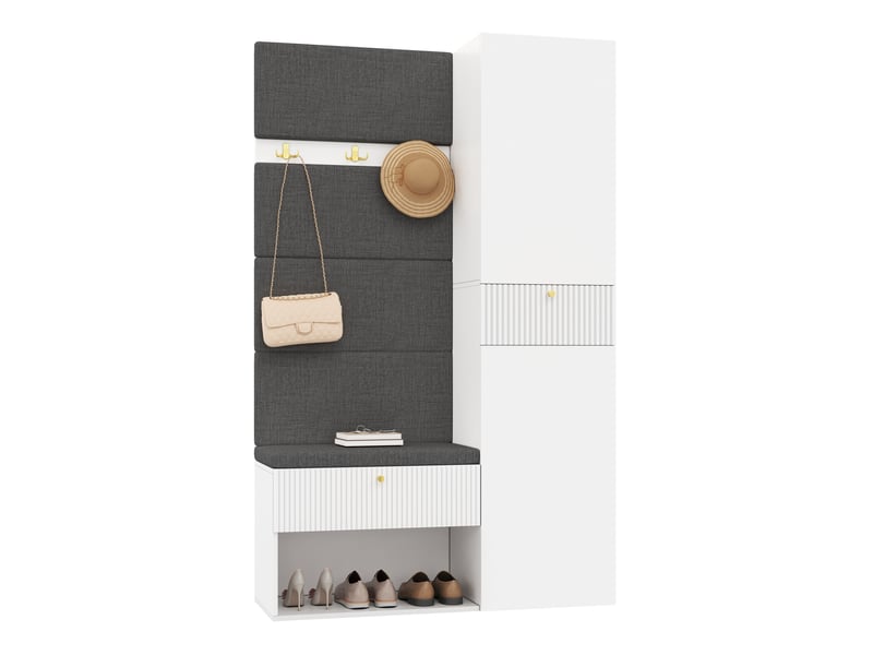  Meuble à chaussures avec banc 110x38x179,5 cm, patères, tiroirs, rangement fermé, assise rembourrée, façades rainurées - blanc  - Conforama A