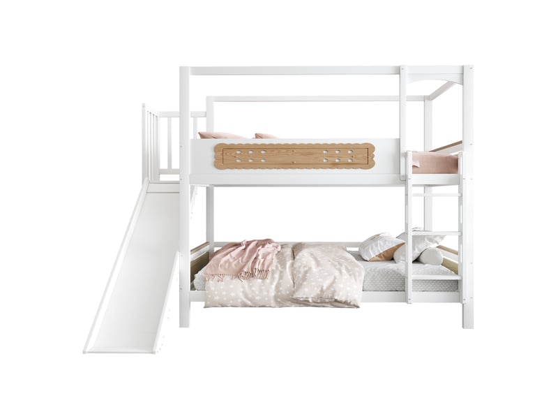  Modenvie lit superposé enfant 90x200 cm - avec toboggan, échelle large et barrières de sécurité - blanc et naturel  - Conforama A