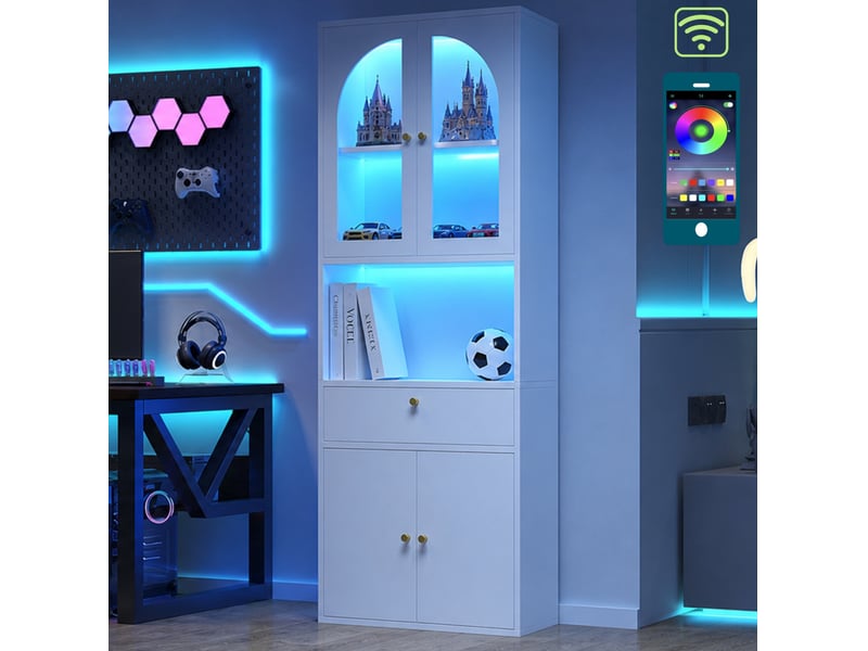 Vitrine avec portes vitrées arquées, niche, tiroir et led rgb réglables pour salon en mdf blanc 70 × 35 × 180 cm - Conforama D
