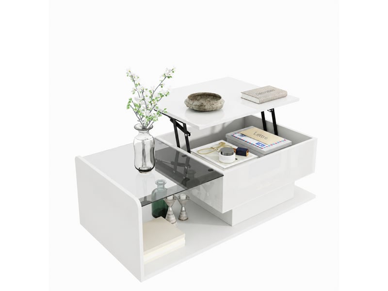  Table basse blanche brillante relevable avec plateau en verre trempé, led et rangement, 100 x 50 cm  - Conforama A