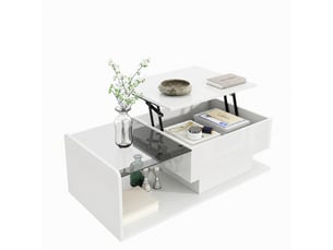Table basse blanche brillante relevable avec plateau en verre trempé, led et rangement, 100 x 50 cm