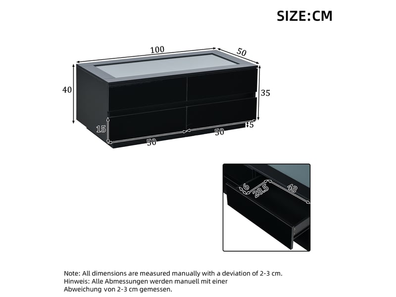  Table basse 100x50x40 cm en panneaux de particules et verre trempé avec 4 tiroirs et led noire chicfurn  - Conforama D