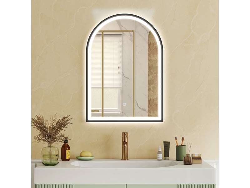  Miroir salle de bain avec éclairage 50 x 70 cm, miroir led arqué, anti-buée, 3 couleurs lumière, dimmable, mémoire, noir  - Conforama D