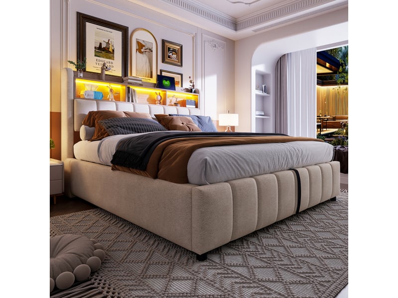  Lit rembourré 180 x 200 cm avec éclairage led et prise usb, tête de lit avec étagères et espace de rangement, mécanisme de levage hydraulique, lit double pour adultes, tissu lin beige  - Conforama B
