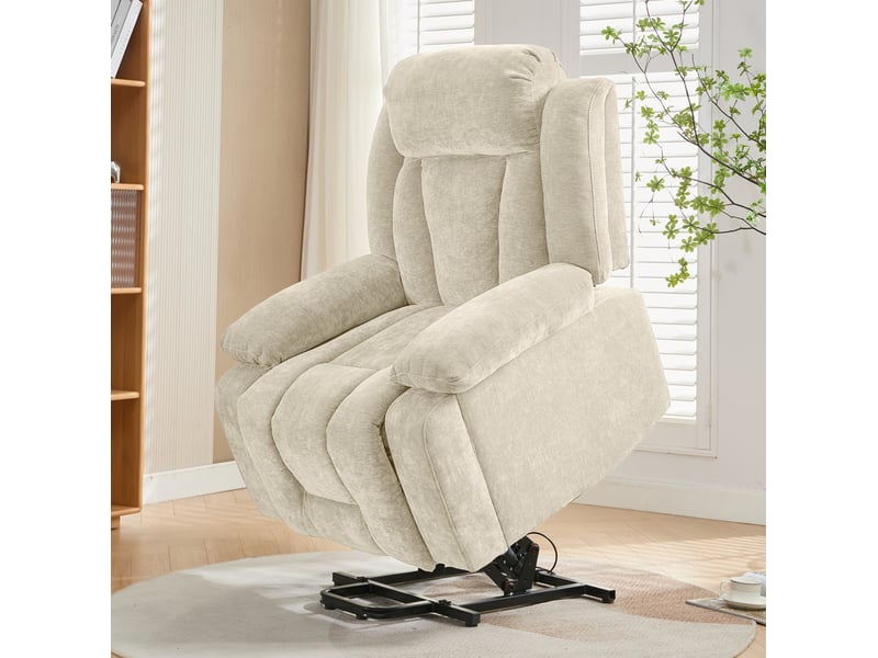 Fauteuil relax électrique avec massage 8 points, chauffage lombaire, relevage, usb, coffre et poches latérales en tissu beige - Conforama B