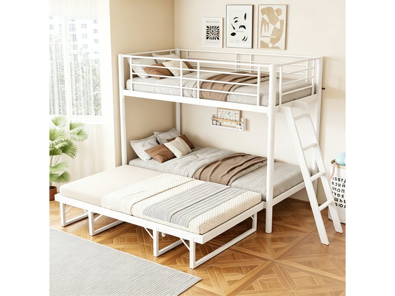  Lit superposé 90 × 200 cm 2 places avec lit gigogne extensible 180 × 200 cm, sans matelas, blanc  - Conforama C
