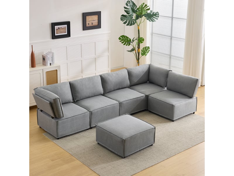  Canapé d’angle modulable 6 places en lin gris clair convertible en lit  - Conforama E