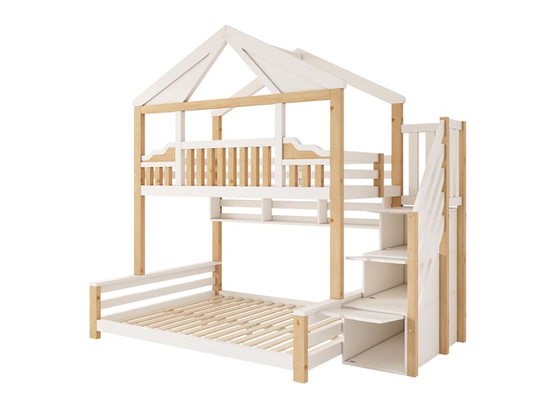  Lit superposé maison 90x200140x200 cm blanc et bois naturel Fay Lum - Conforama W