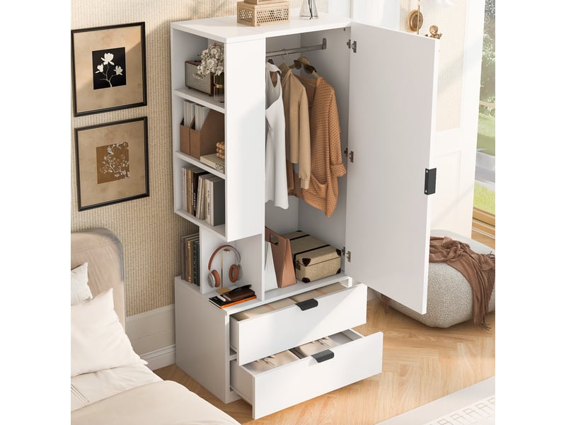  Armoire penderie de chambre 70x50x170 cm - 2 tiroirs - étagères ouvertes - espace penderie - bois et bois reconstitué - blanc  - Conforama D