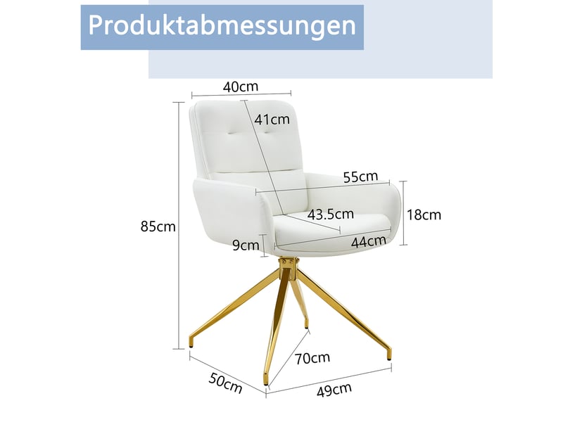  Lot de 2 chaises de salle à manger pivotantes,55x50x85 cm,similicuir et métal doré,blanc  - Conforama C