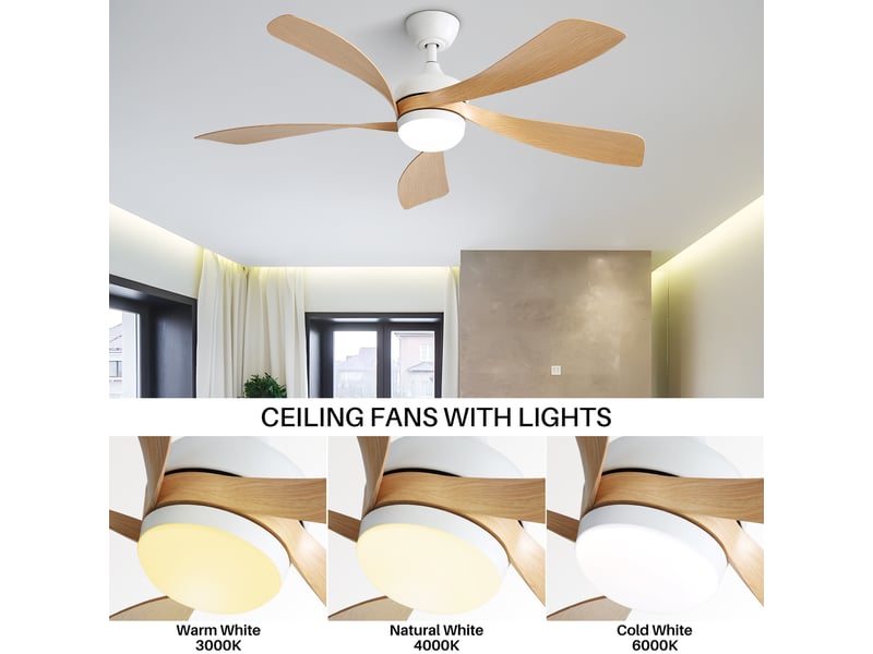  Ventilateur de plafond 132 cm blanc, led 3 couleurs dimmable, 5 pales abs, moteur dc réversible  - Conforama B