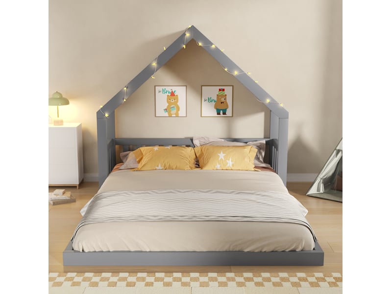  Lit cabane enfant 140x200 cm gris bois, toit tissu, guirlande lumineuse, sommier à lattes inclus  - Conforama B