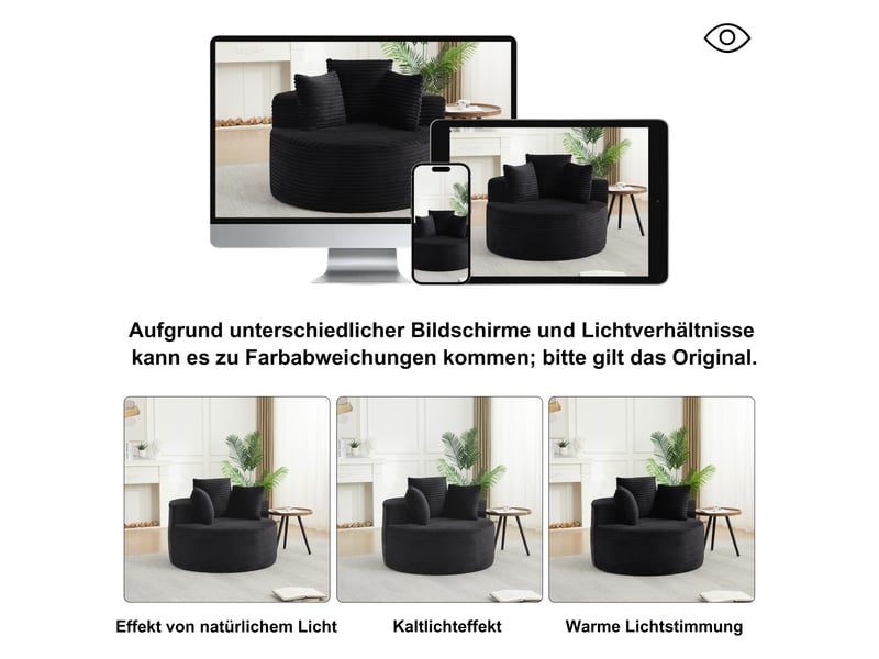  Fauteuil lounge rond avec larges accoudoirs et 3 coussins, design minimaliste, en velours côtelé noir  - Conforama E
