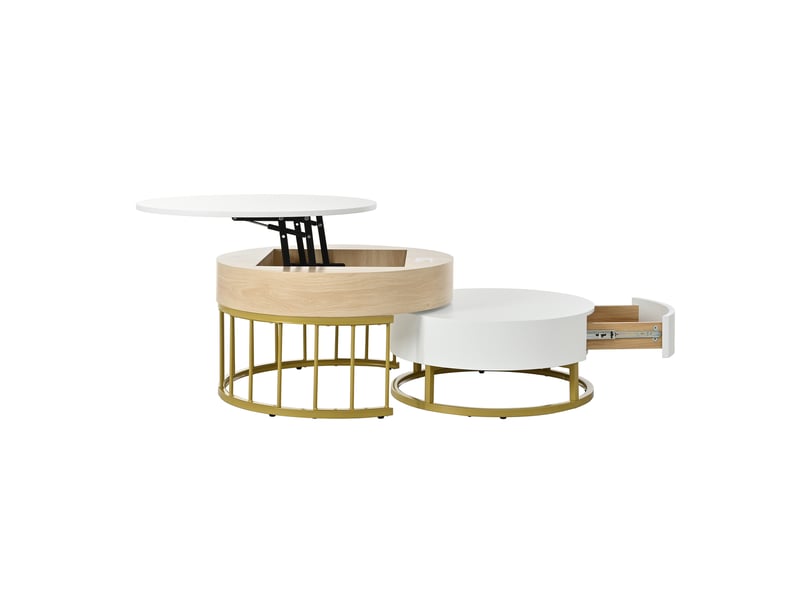 Table basse ronde gigogne réglable en hauteur, tiroir, mdf blanc et bois, structure métal doré, multifonctionnelle - Conforama A
