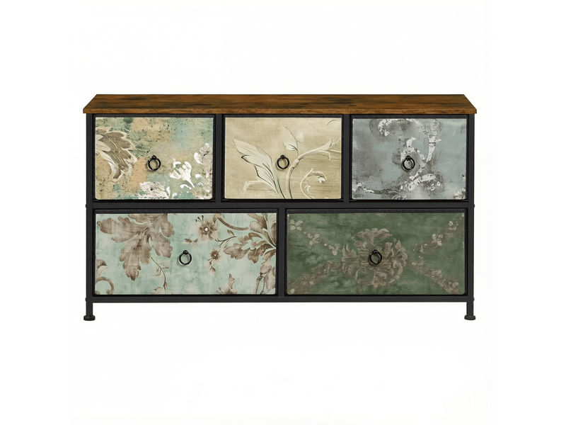  Commode avec 5 tiroirs en tissu et pieds réglables pour chambre, salon ou entrée, motif fleuri, 100 × 30 × 54 cm  - Conforama A
