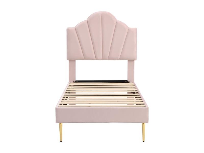 Lit capitonné en velours, 90 x 200 cm, en forme de coquillage avec pieds en fer doré, tête de lit réglable en hauteur, sommier à lattes en bois, rose  - Conforama D