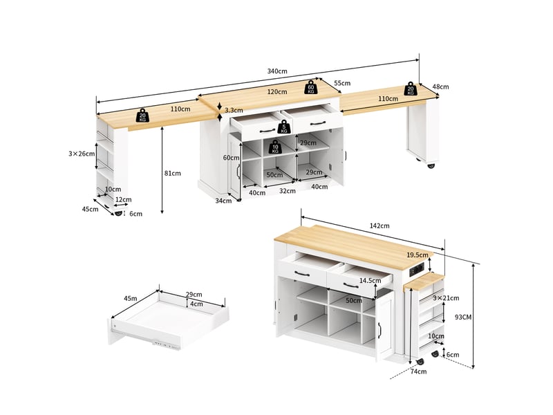  Îlot de cuisine 142x55x93 cm avec deux plans de travail extensibles, sur roulettes, mdf, blanc  - Conforama C