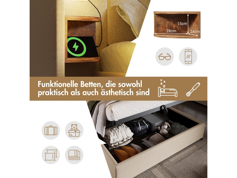  Cadre de lit, lit double 160x200 cm, rangement intégré, chevets intégrés, usbusb-c, lampe de lecture, lin beige, matelas inclus  - Conforama W