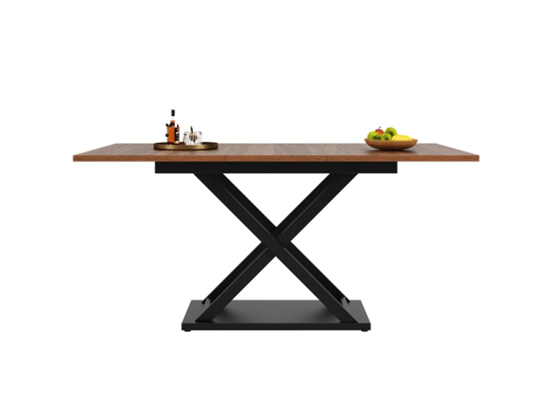  Table à manger extensible 120-160 x 80 cm, avec pieds en fer noir entrecroisés, couleur noyer  - Conforama B