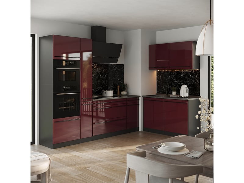 Vicco cuisine en angle, rouge brillantanthracite, 230 x 120 cm plan de travail chêne doré - Conforama C