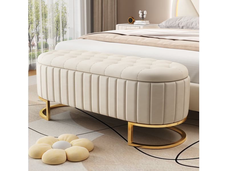  Banquette coffre 120x39,9x43 cm, rangement, repose-pieds, banc de lit, salon et chambre, pieds métal, velours, beige  - Conforama D