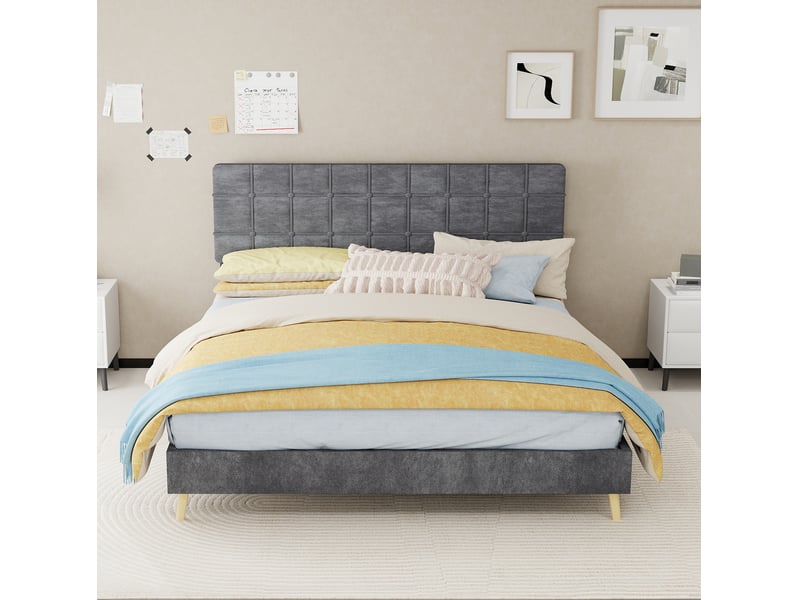  Lit 2 places 160x200 cm avec matelas tête de lit capitonné een tissu gris  - Conforama D