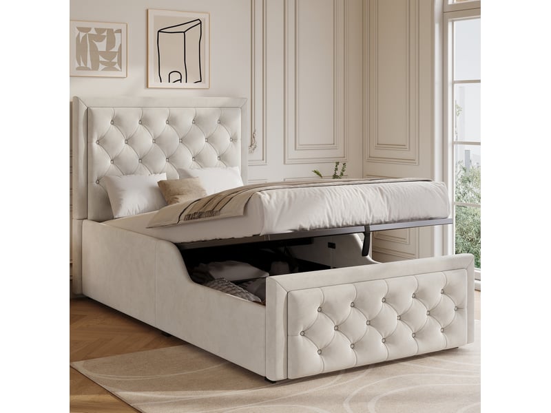  Modenvie lit enfant coffre 90x200 cm - avec rangement intégré, tête de lit capitonnée - beige  - Conforama B